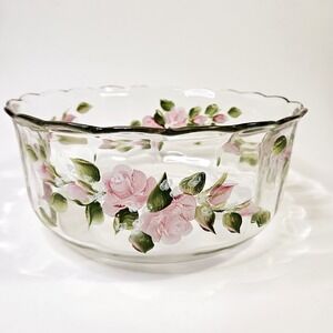 10" Hand Painted Pink Rose Flowers Clear Glass Bowl Scallop Edge Cottage Gift